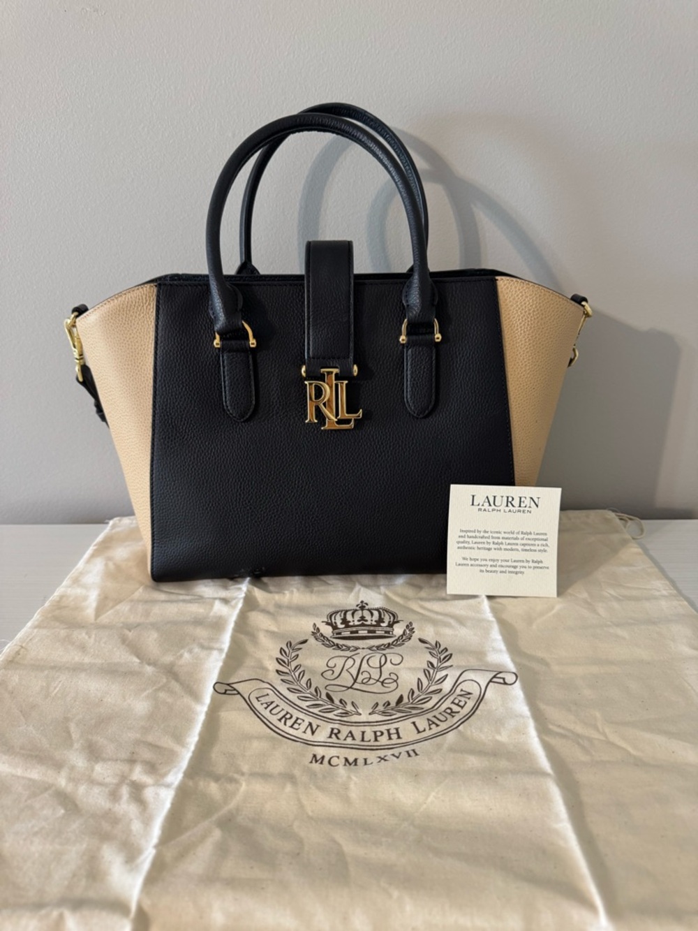 Lauren Ralph Lauren Black and Beige Pebbled Leather Satchel with Gold RL Accent - Picture 7 of 14